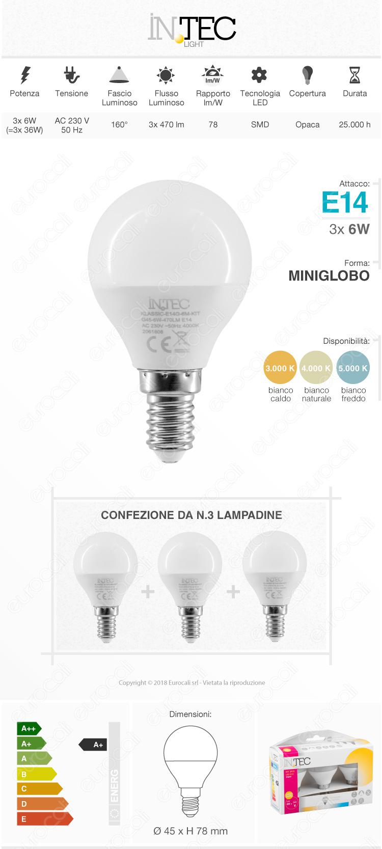 Fan Europe Intec Light Confezione Risparmio 3 Lampadine LED E14 6W MiniGlobo P45