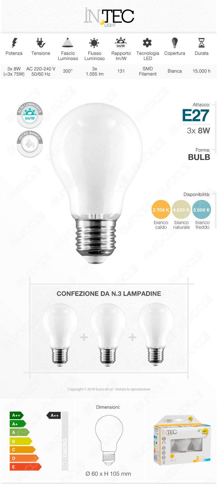 Fan Europe Intec Light Confezione Risparmio 3 Lampadine LED E27 8W Filament White Bulb A60