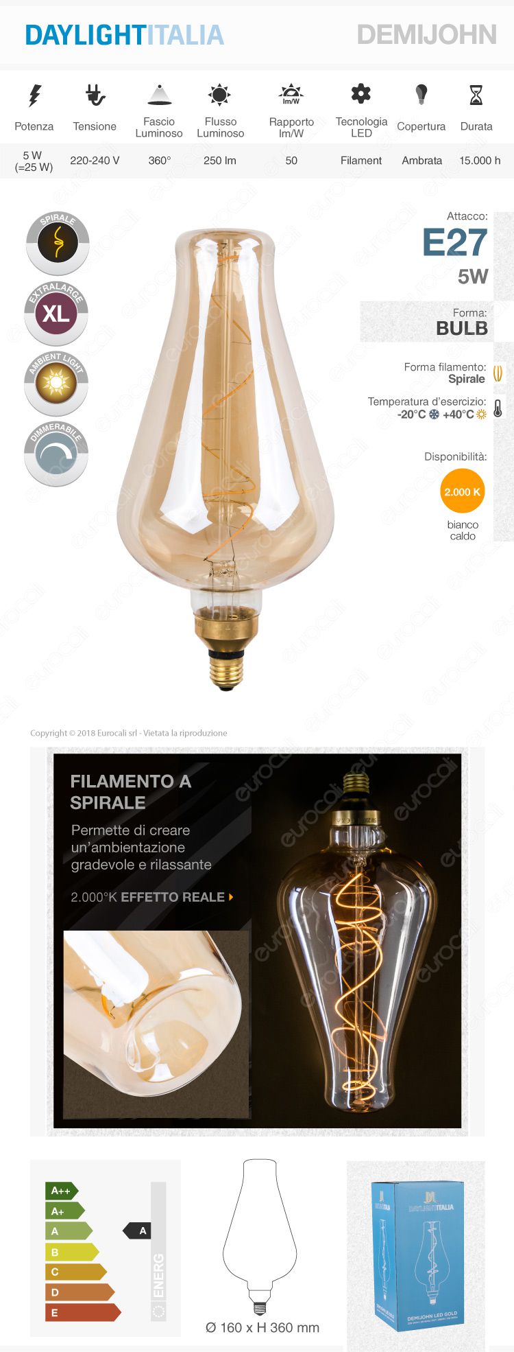Lampadina E27 Daylight Filamento LED a Spirale 5W Bulb con Vetro Ambrato Dimmerabile