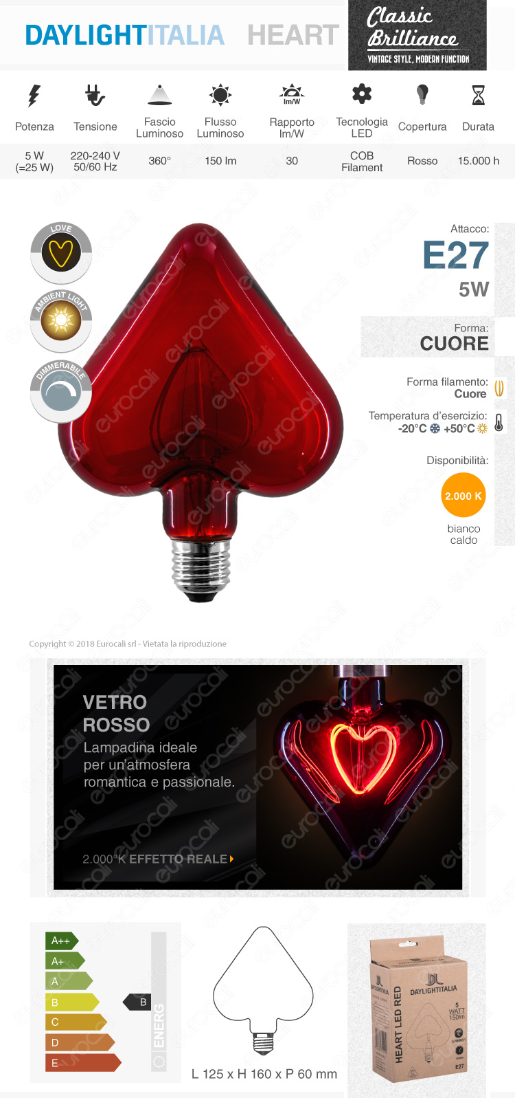 Daylight Lampadina E27 Filamento LED a Doppio Arco 5W Forma Cuore con Vetro Rosso Dimmerabile - mod. 700183.0DA