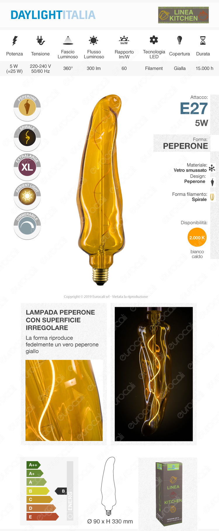 Daylight Lampadina E27 Filamento LED a Spirale 5W Linea Kitchen Forma Peperone con Vetro Giallo Dimmerabile