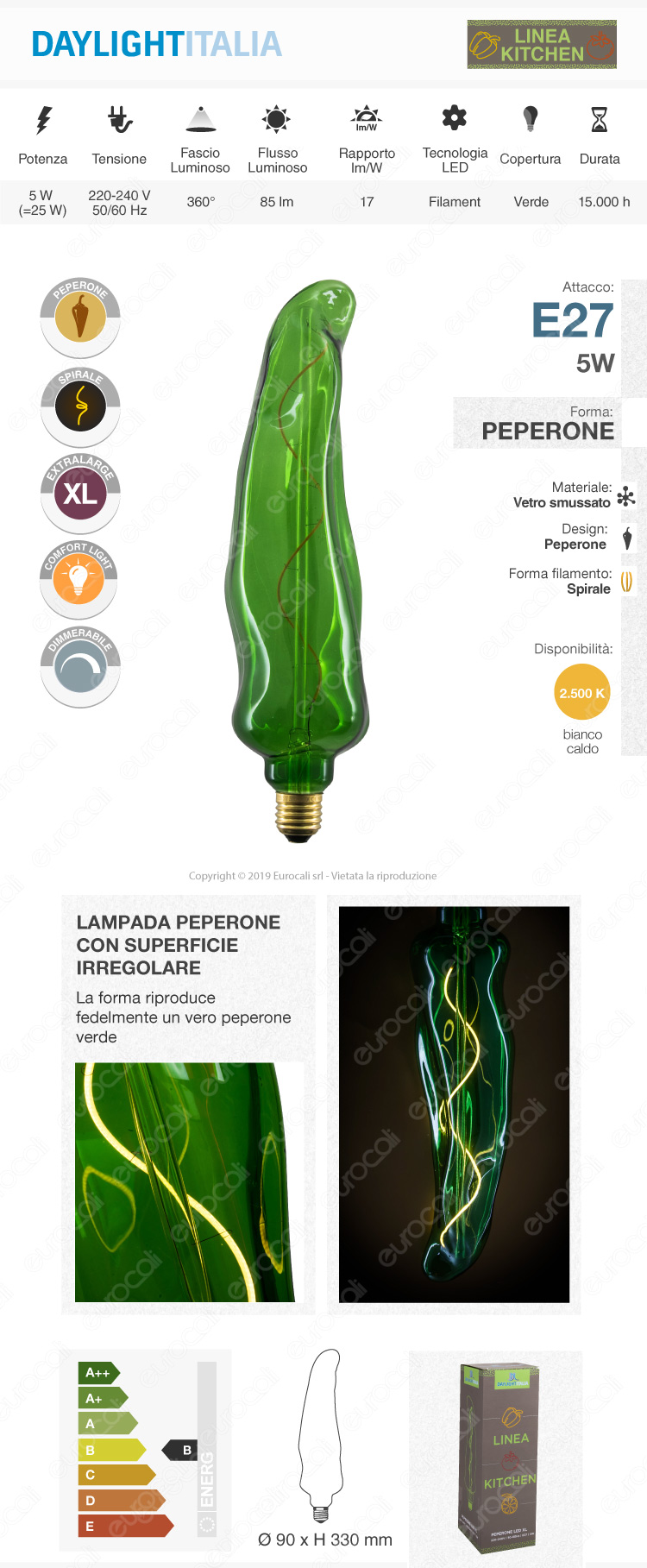 Daylight Lampadina E27 Filamento LED a Spirale 5W Linea Kitchen Forma Peperone con Vetro Giallo Dimmerabile