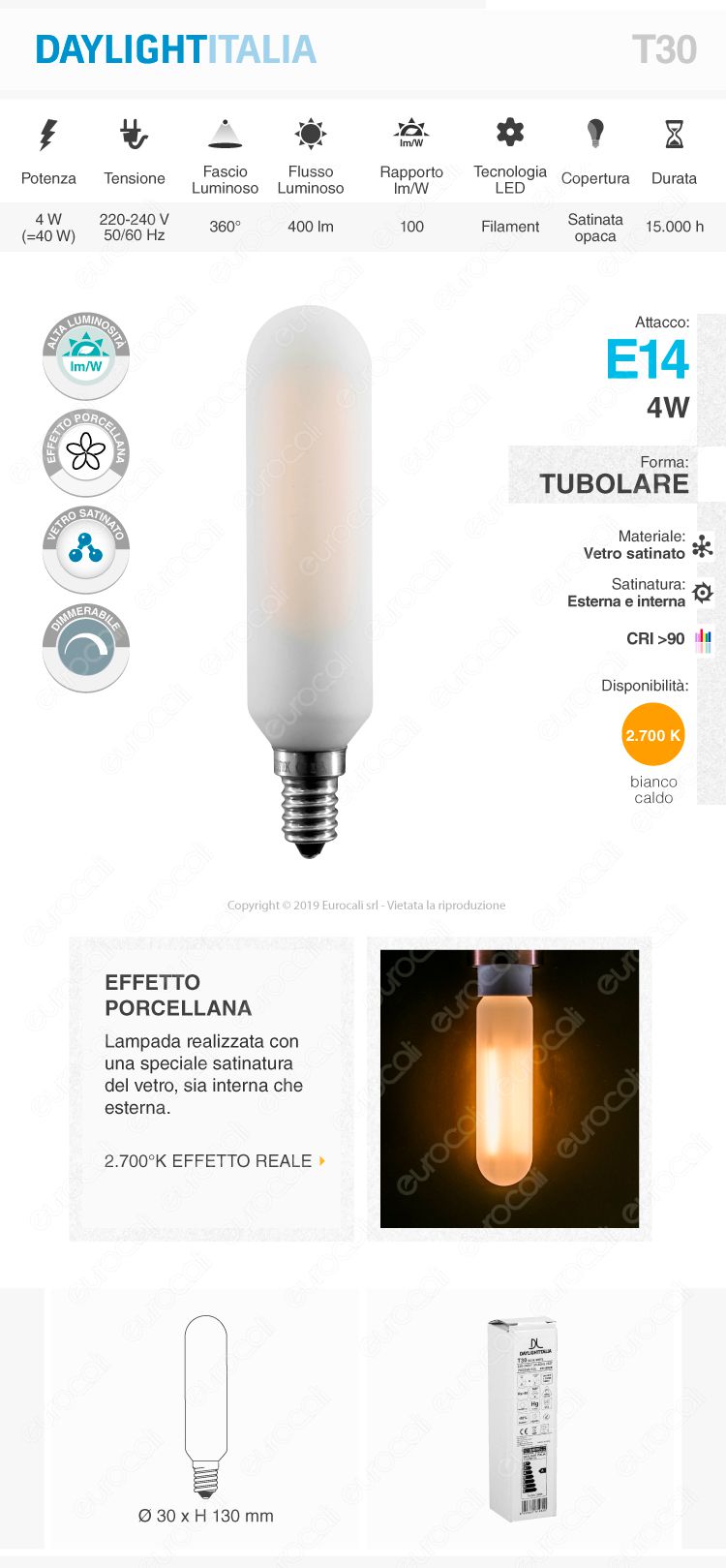 Daylight Lampadina E14 Tubolare T30 Filamento LED 4W Effetto Porcellana Dimmerabile CRI≥90