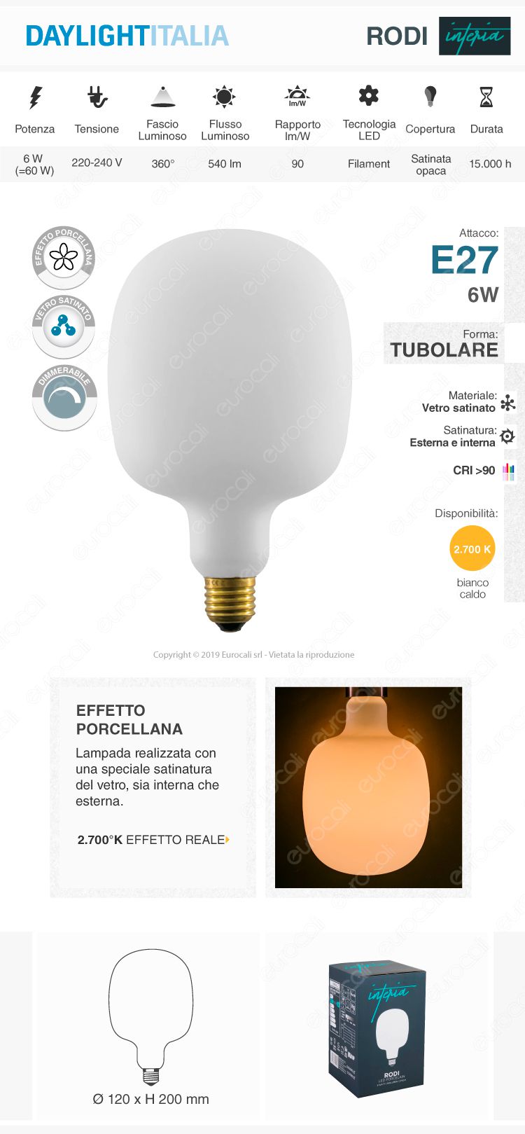 Daylight RODI Lampadina E27 Filamento LED 6W Tubolare Effetto Porcellana Dimmerabile CRI≥90