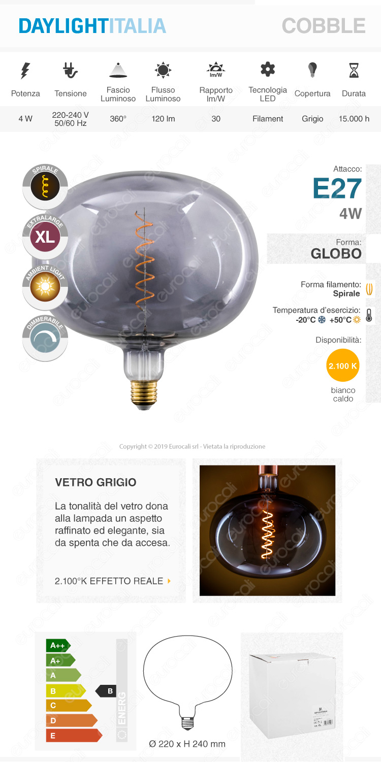 Daylight Lampadina E27 Filamento LED a Spirale 4W Globo XL con Vetro Griogio Dimmerabile