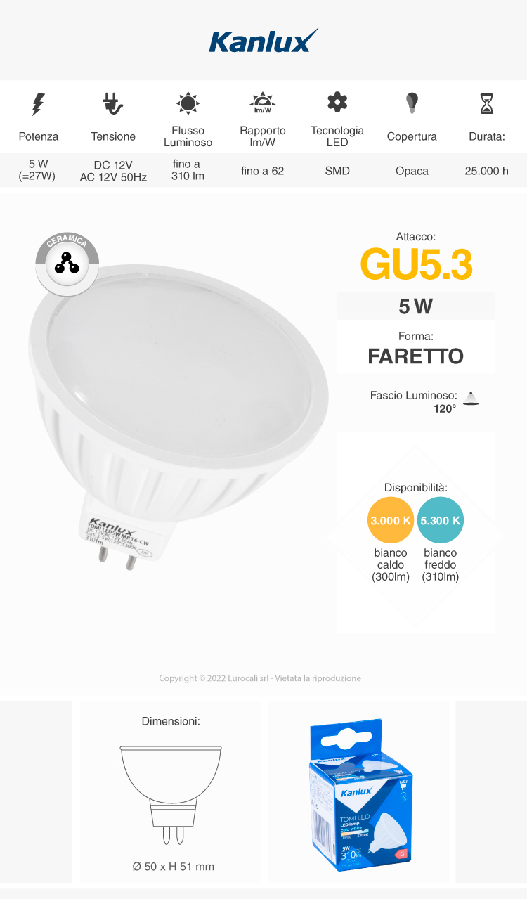 kanlux tomi faretto led spotlight 5w gx5,3 (mr16) smd