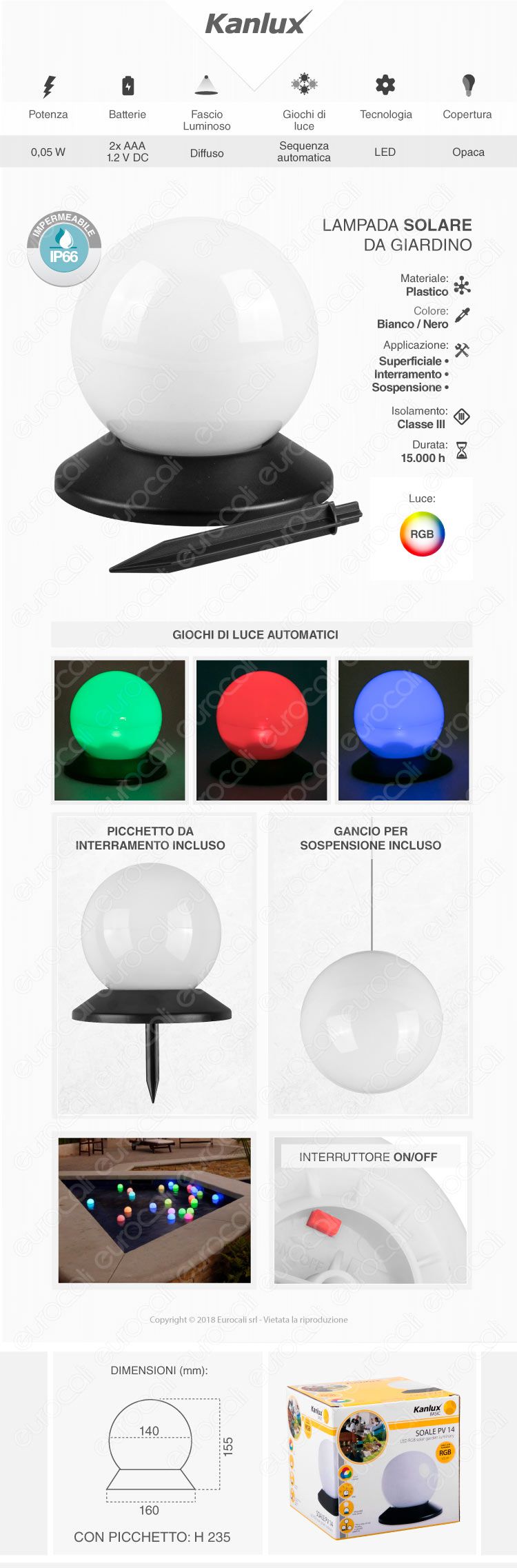Kanlux Sfera con Luce LED RGB Multicolor con Pannello Solare e Picchetto