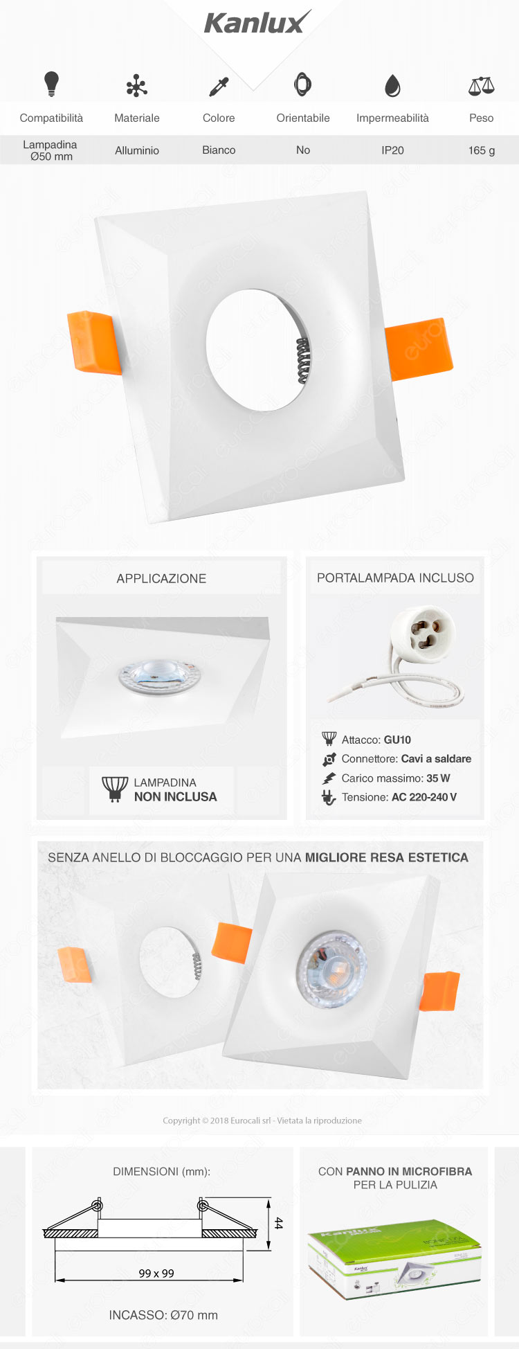 Kanlux BONIS DSL Portafaretto Quadrato da Incasso Colore Bianco per Lampadine GU10 e GU5.3