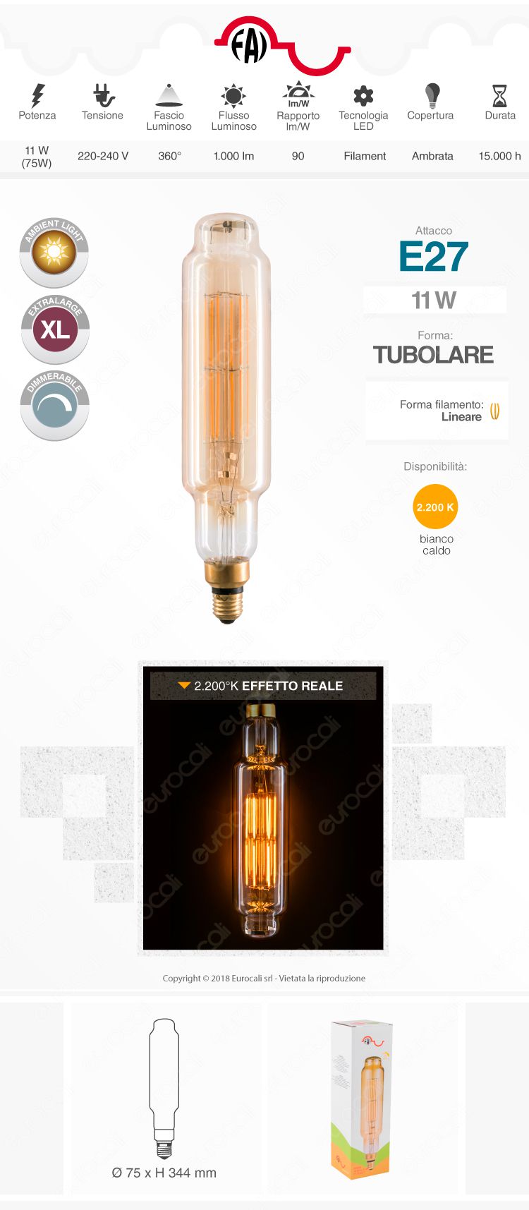Lampada LED FAI Vintage XL E27 11W Tubolare Filamento Ambrata Dimmerabile (mod. 5252/CA/ORO)