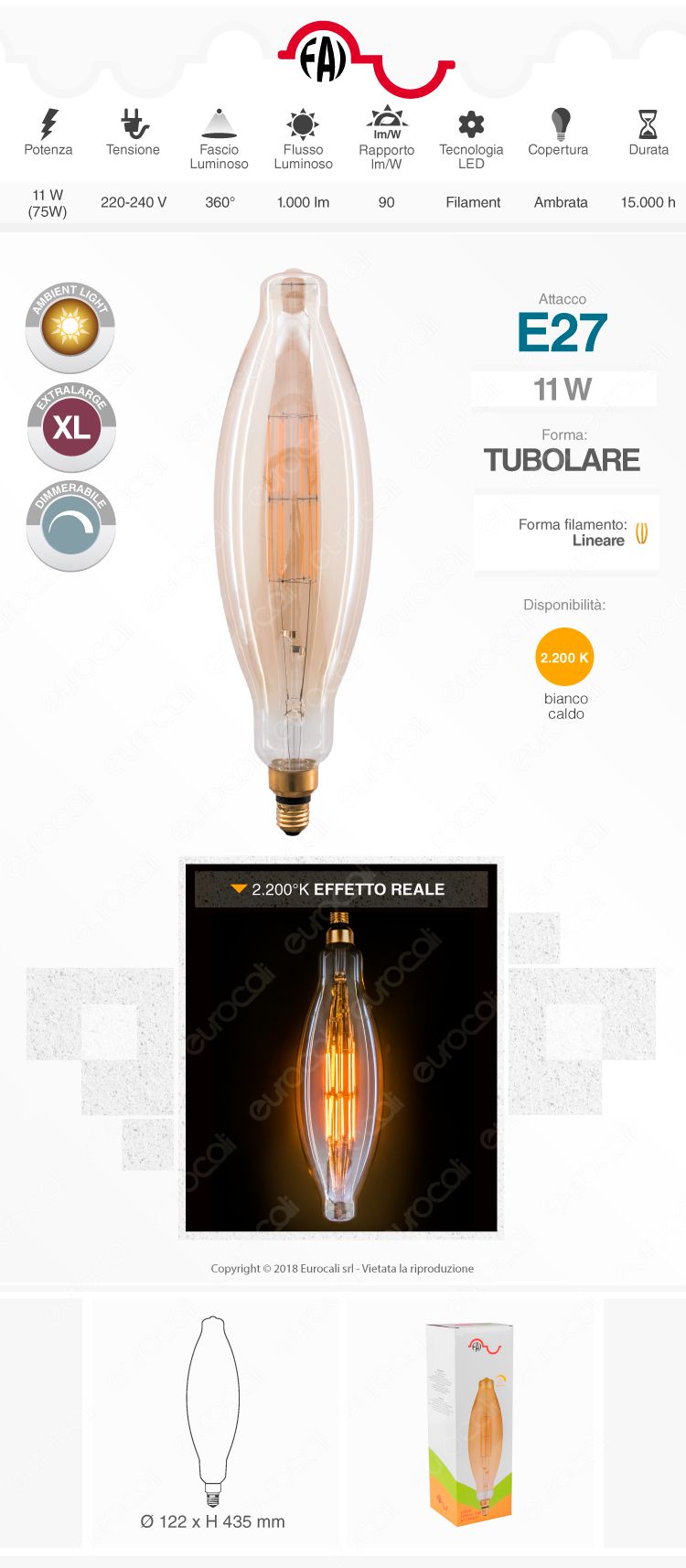 FAI Lampada LED Vintage XL E27 11W Tubolare Filamento Ambrata Dimmerabile - mod. 5251/CA/ORO