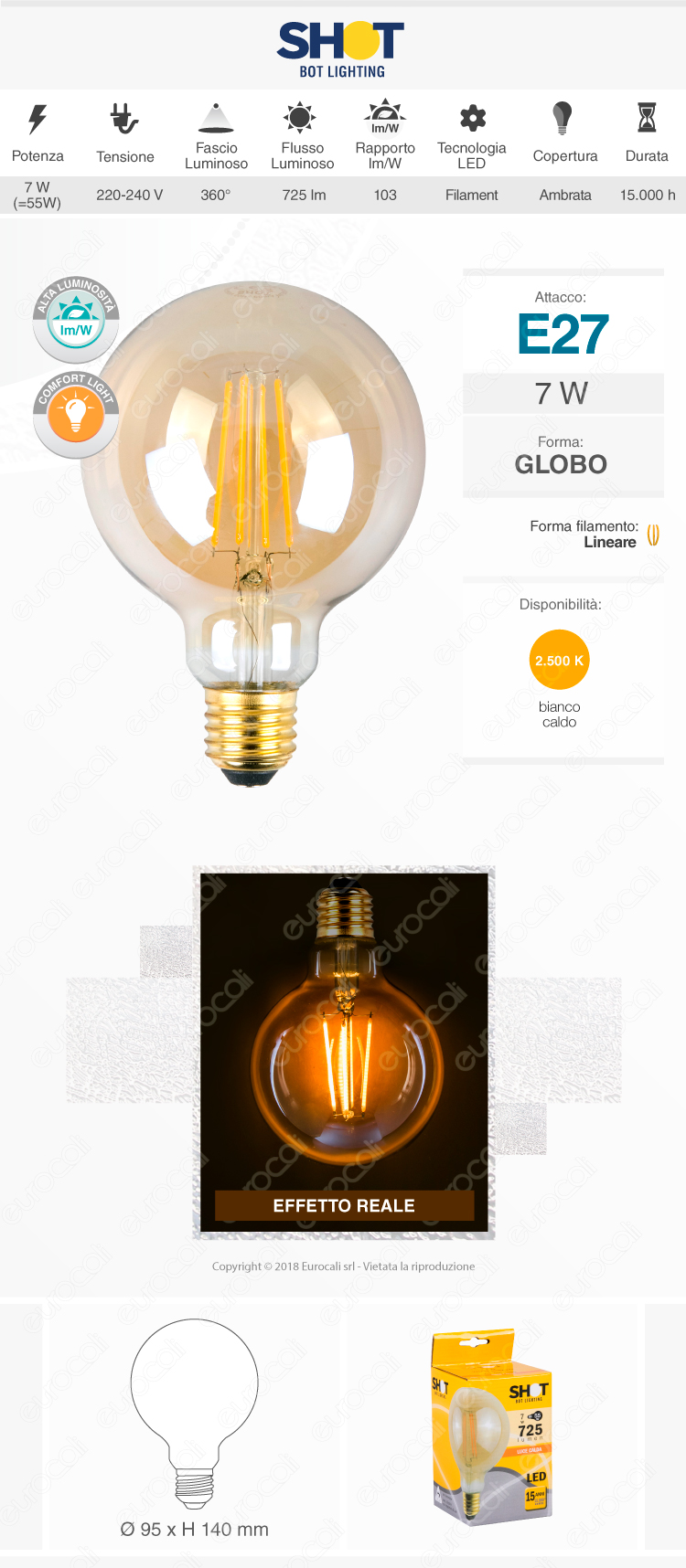 Bot Lighting Lampadina LED E27 7W Globo G95 Filamento Ambrata - mod. WLD4208X2G