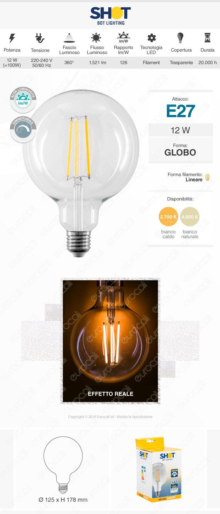 bot lighting shot lampadina led e27 11w g125 globo filament transparent glass dim