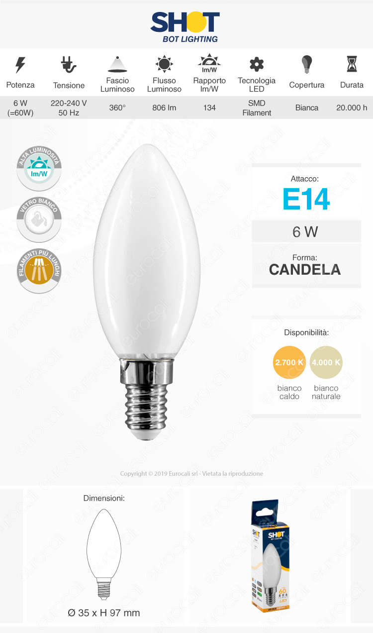 Bot Lighting Lampadina LED E14 6W Candela Milky Filamento Extra-Lungo