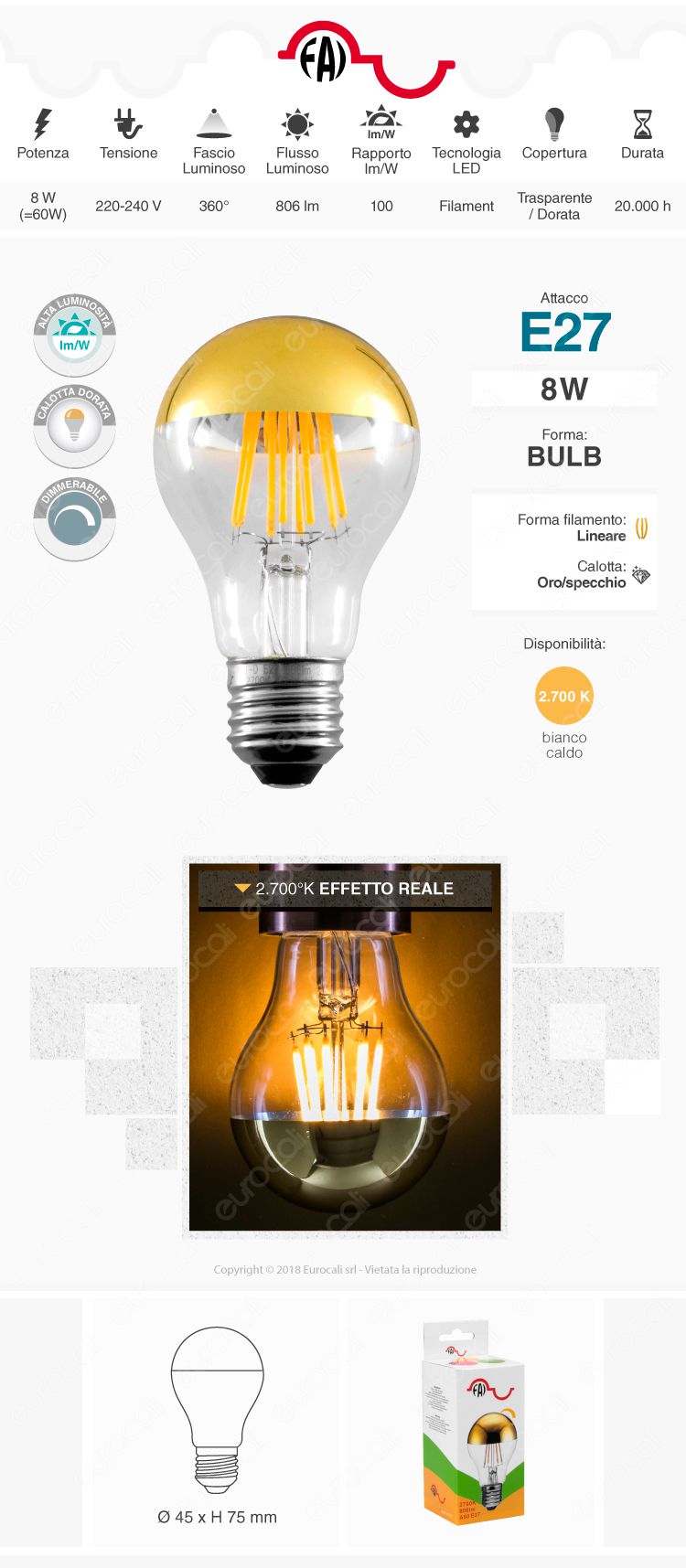 Lampadina LED E27 Filamenti FAI 4W MiniGlobo G45 con Calotta Dorata Dimmerabile