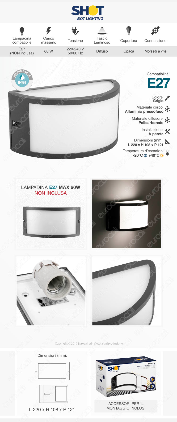 Bot Lighting Applique per Lampadine E27 mod. Segovia1 - Colore Grigio