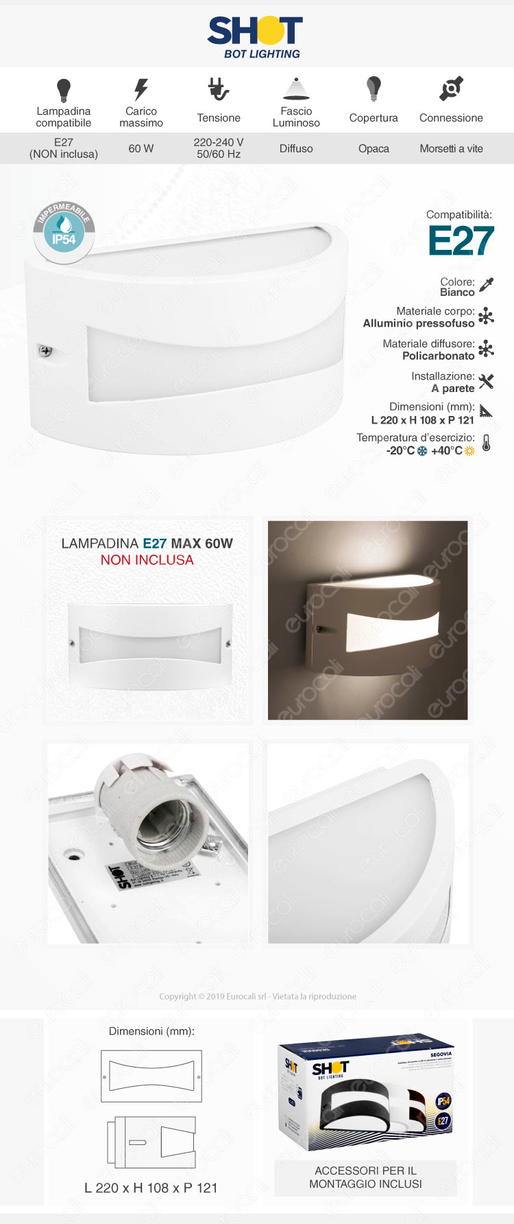 Bot Lighting Applique per Lampadine E27 mod. Segovia2 - Colore Bianco