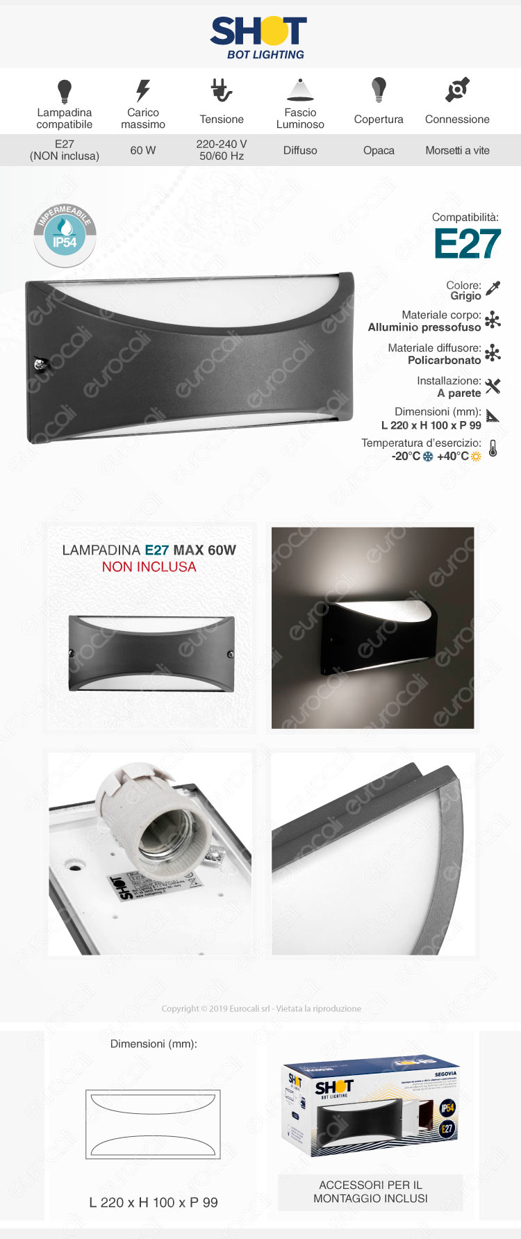 Bot Lighting Applique per Lampadine E27 mod. Segovia Colore Bianco