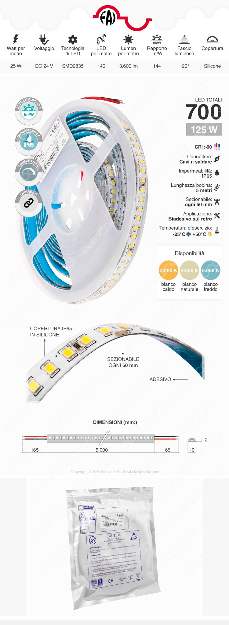 FAI Striscia LED Monocolore 140 LED/metro 24V CRI≥90