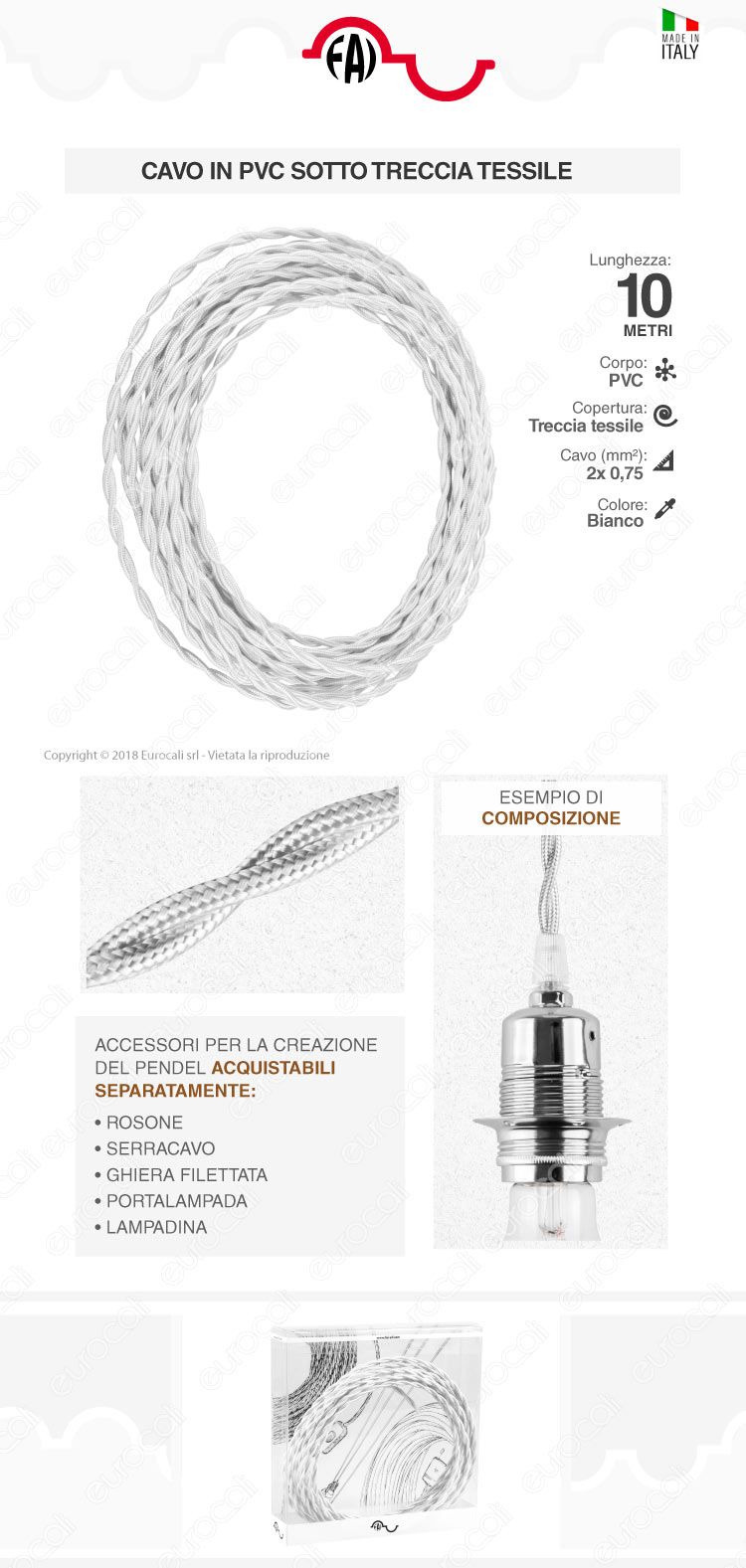 Cavo di Collegamento Elettrico in Corda Intrecciata per Lampade di Design FAI Bianco