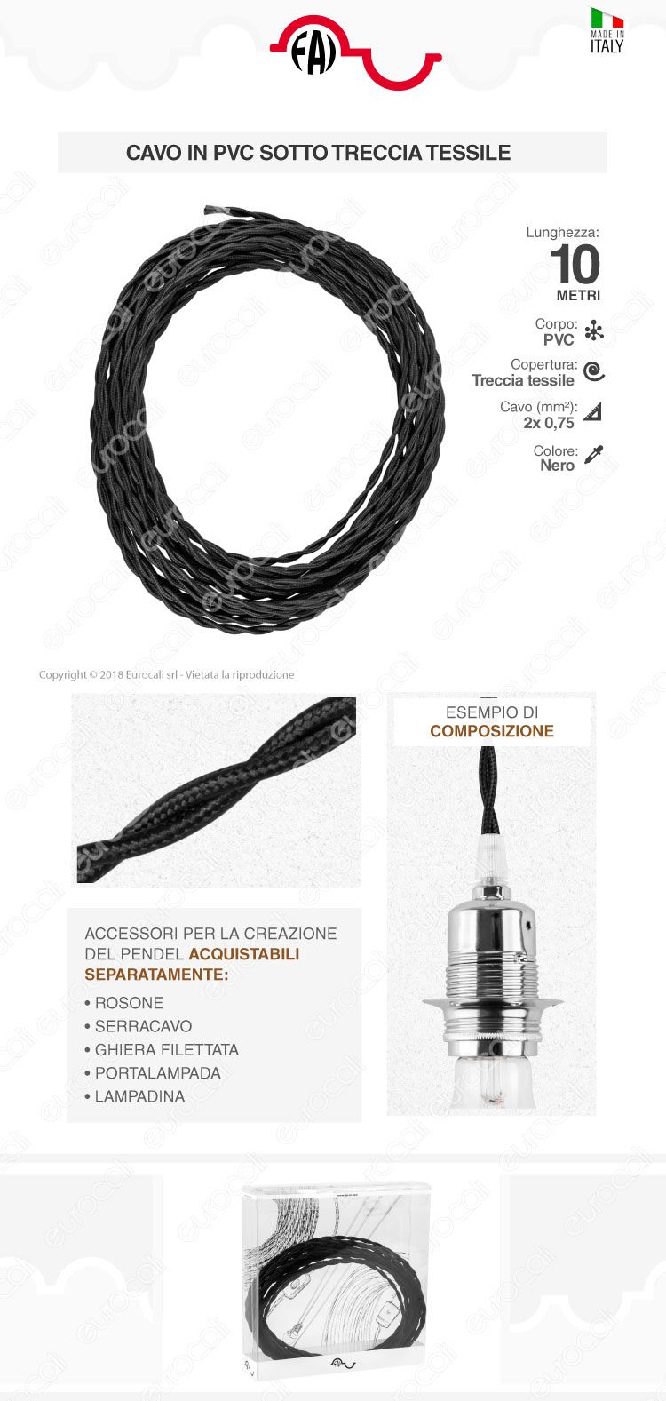 FAI Cavo di Collegamento Elettrico in Corda Intrecciata per Lampade di Design Colore Nero