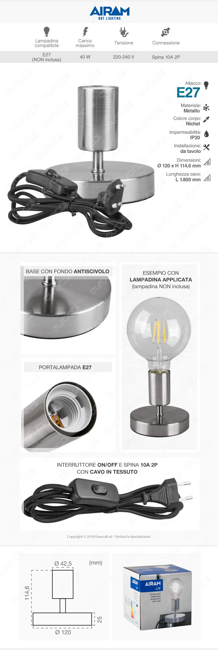 Airam Bot Lighting LIV Lampada da Tavolo con Portalampada per Lampadine E27 Colore Nichel 11cm