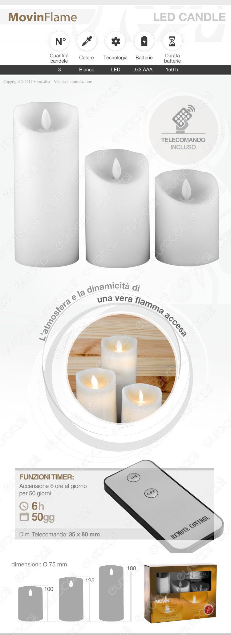 3 candele LED in cera