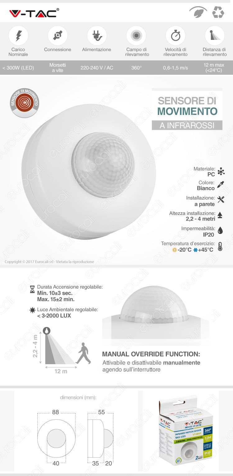 Sensore di movimento per lampadine led da muro a infrarossi
