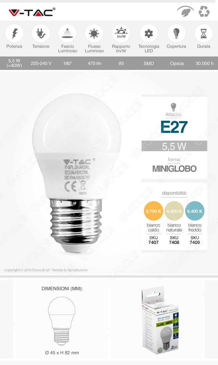 V-tac lampadina LED E27