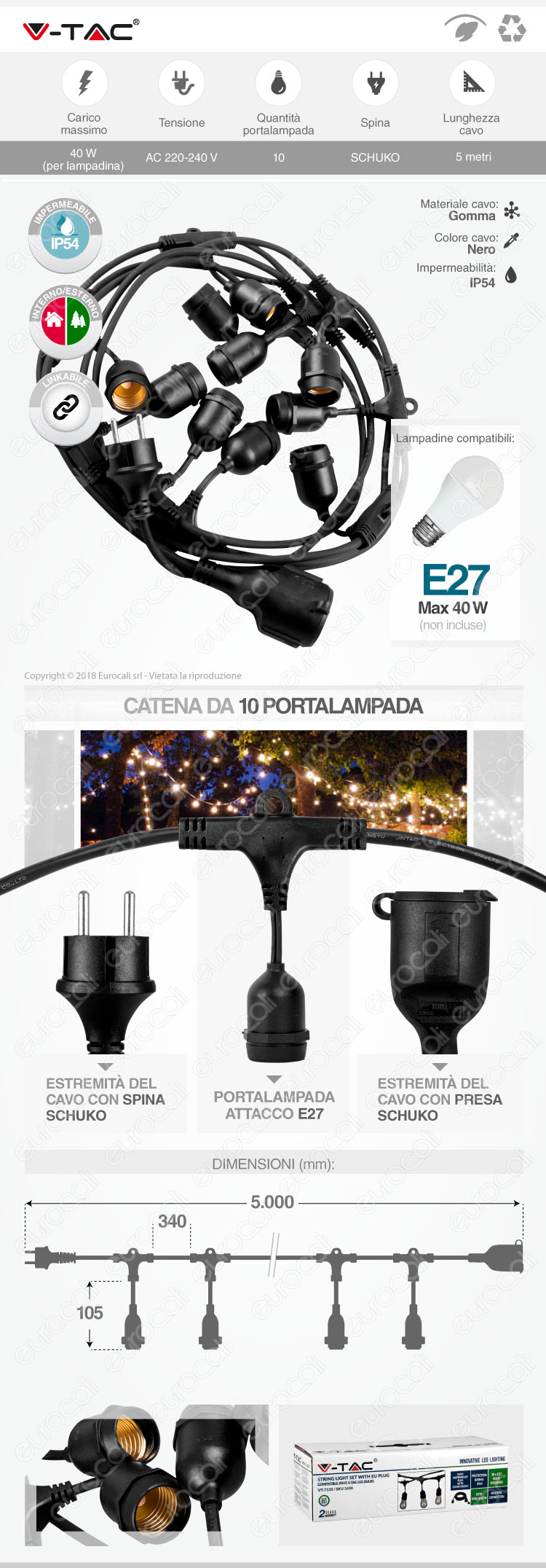 V-Tac Catenaria per Lampadine LED E27