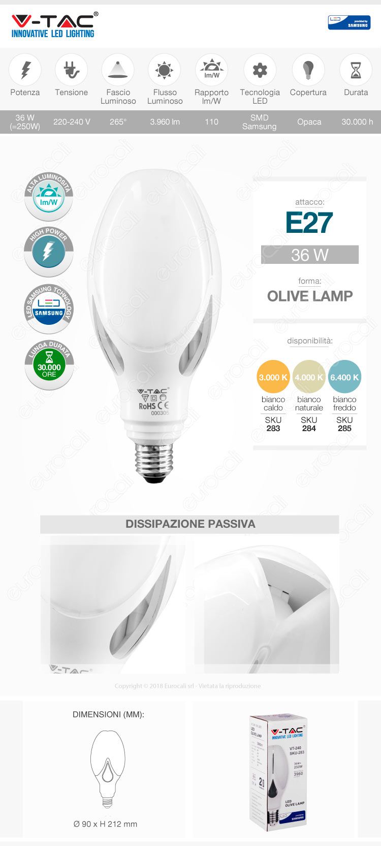Lampadina LED V-Tac E27 36W