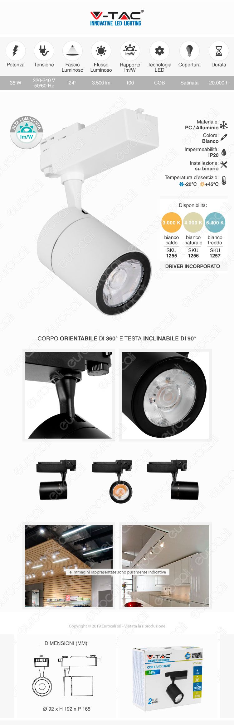 V-Tac VT-4536 Track Light LED COB 35W Bianco