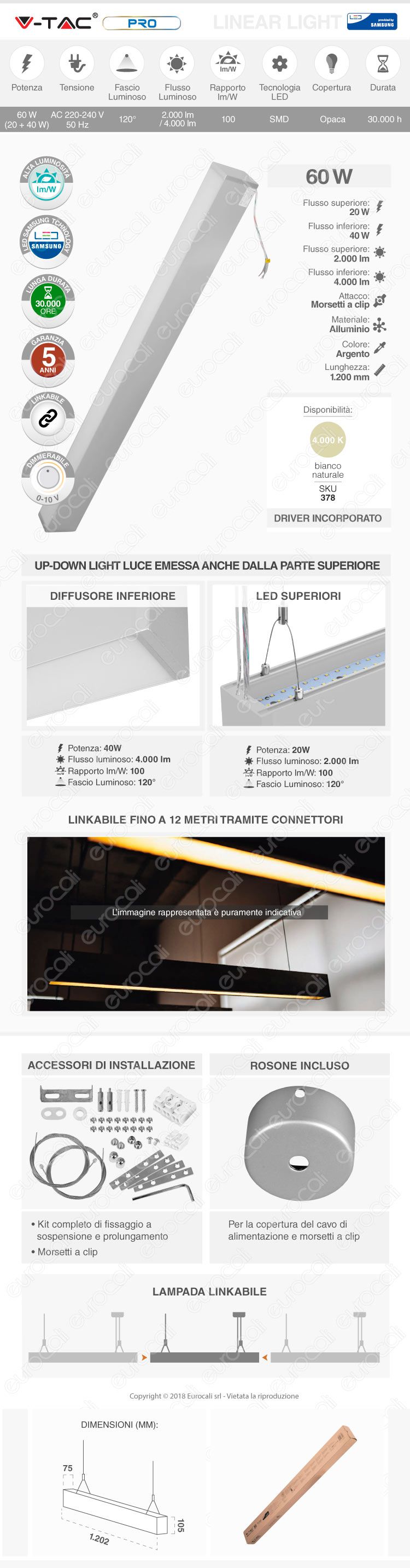 V-Tac PRO VT-7-60 Lampada LED a Sospensione Linear Light 60W Chip Samsung Silver Body Dimmerabile