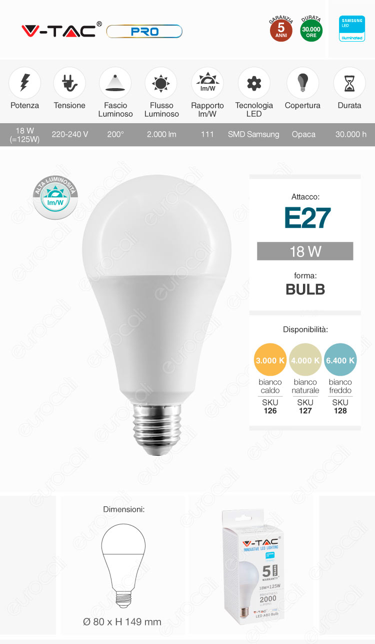 V-Tac PRO VT-298 Lampadina LED E27 18W Bulb A80 Chip Samsung