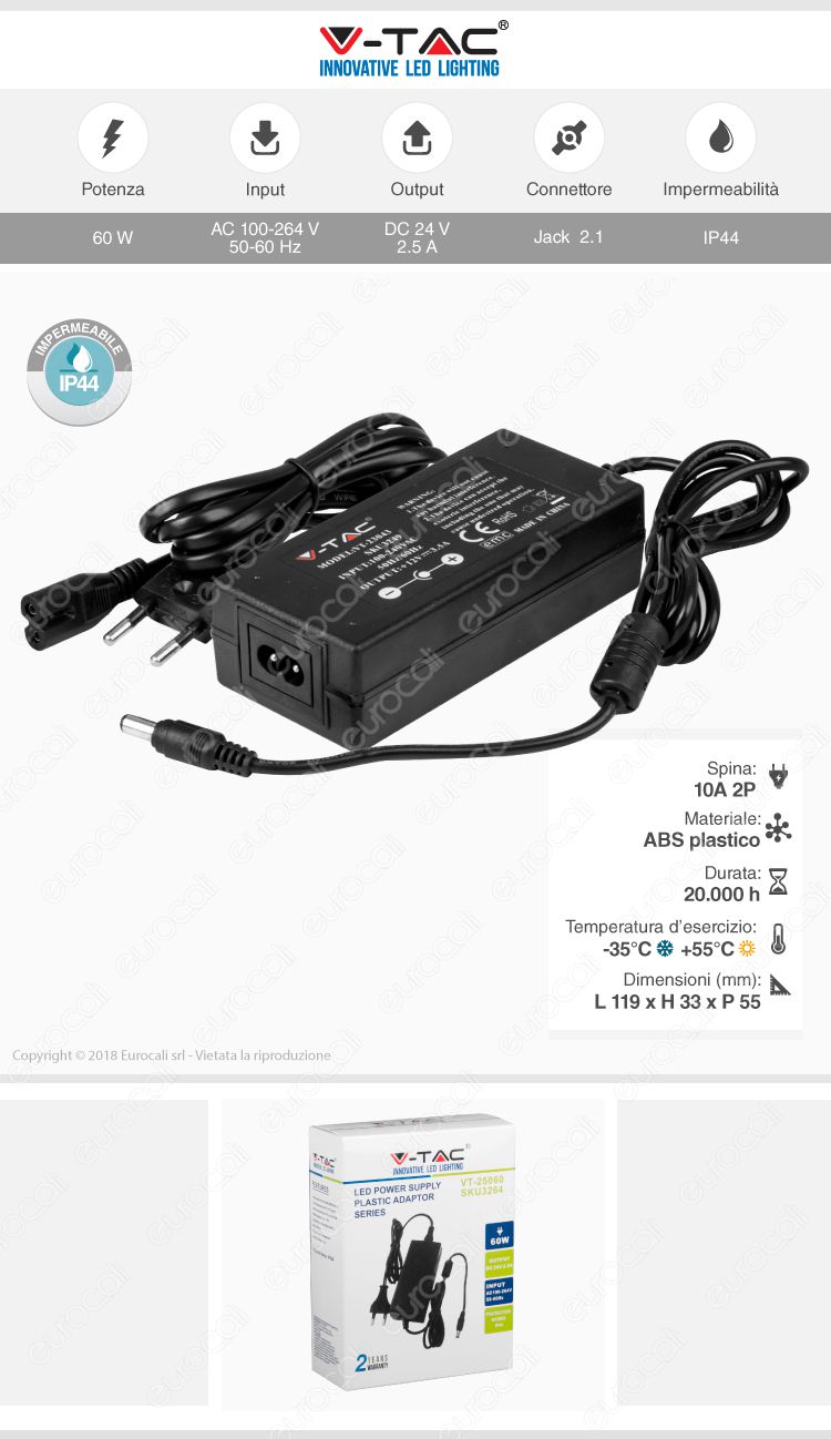 V-Tac VT-25060 Alimentatore 60W 24V Plug&Play con Jack 2.1