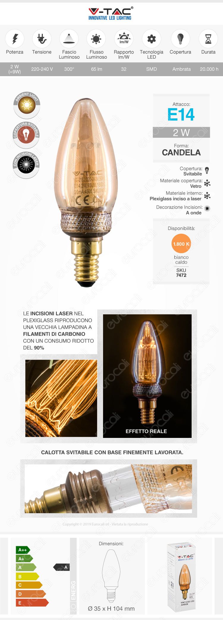 Wiva GlassLight Lampadina LED E27 4W Globo G125 Ambrata con Incisioni Laser