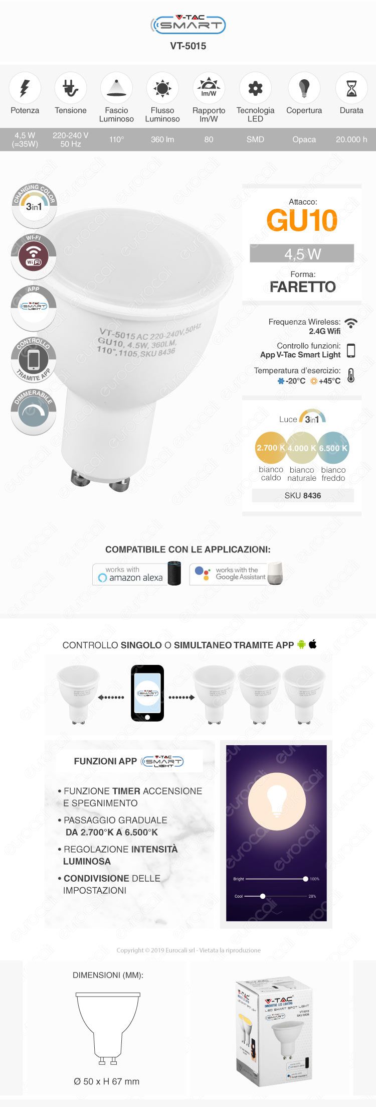 V-Tac Smart VT-5010 Lampadina LED Wi-Fi E27 9W Bulb A60 RGB+W Dimmerabile