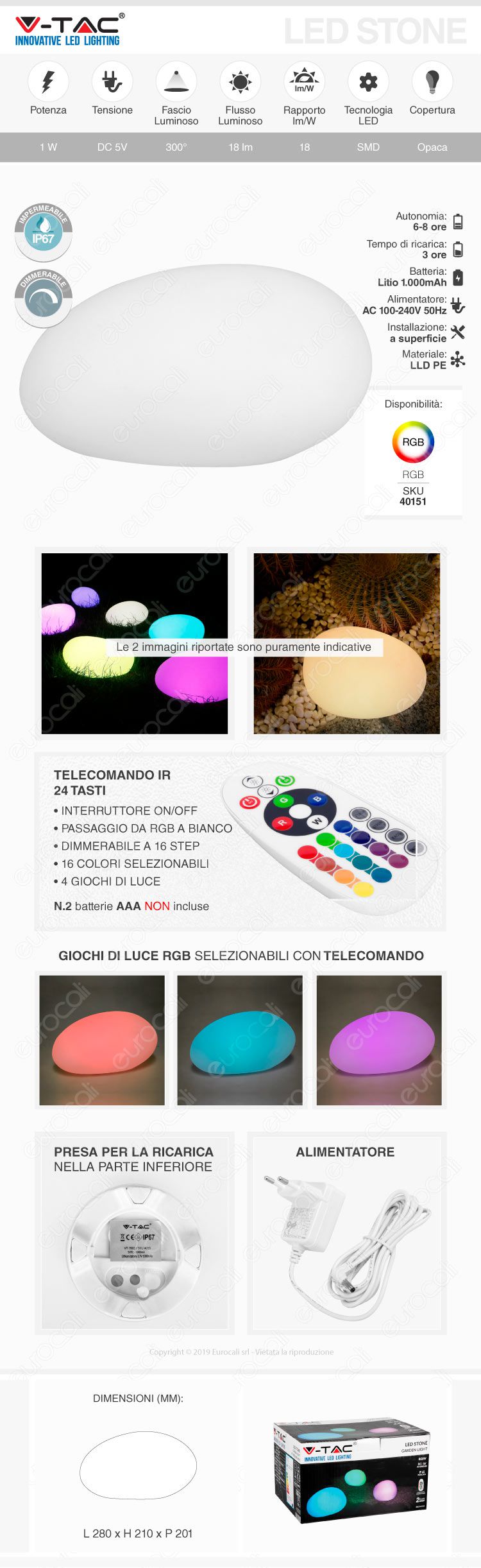 VT-7802 V-Tac LED Stone Multicolor RGB 1W Ricaricabile con Telecomando IP67