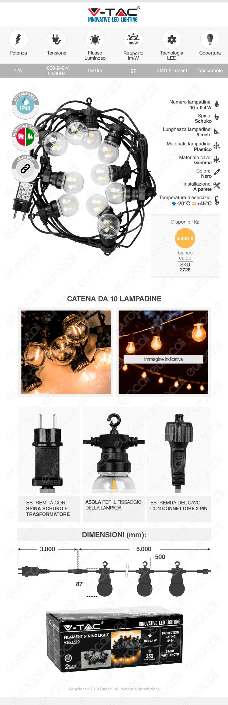 V-Tac VT-71510 Catena da 10 Lampadine LED Mini Globo Filament per Interno e Esterno