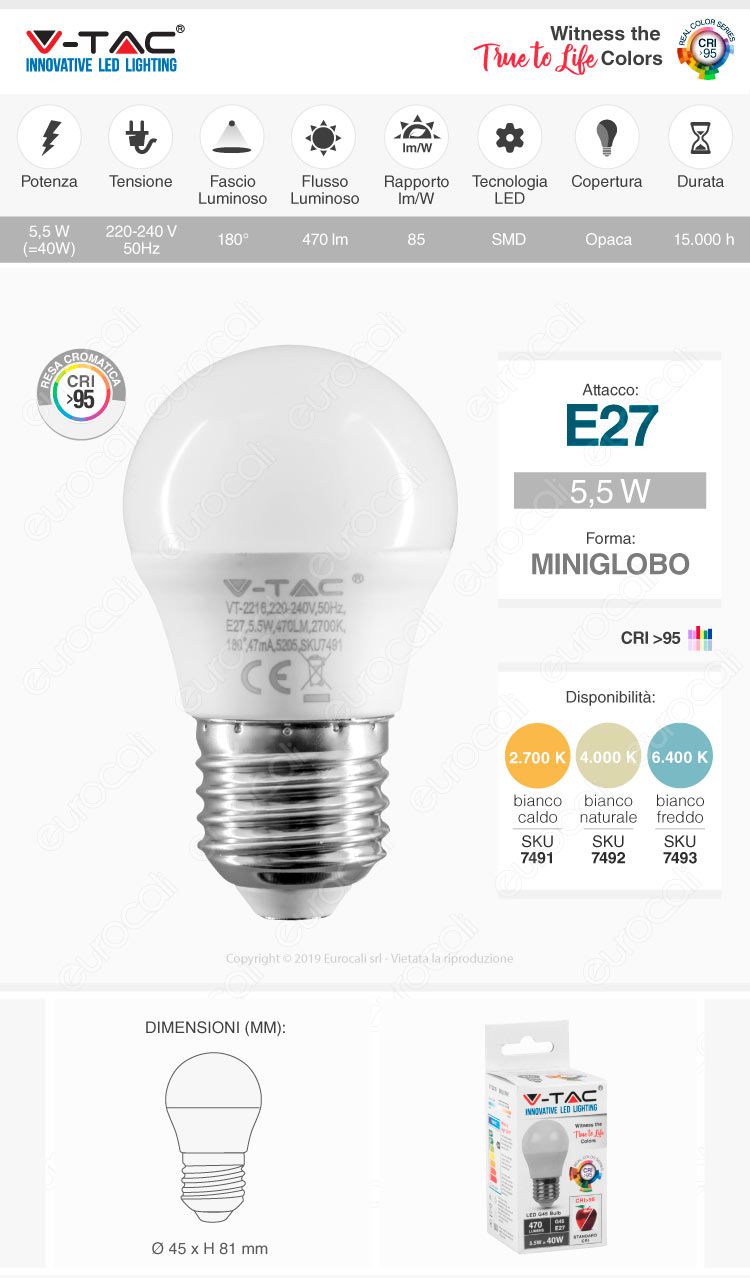 V-Tac VT-2216 Lampadina LED E27 5,5W MiniGlobo G45 CRI ≥95
