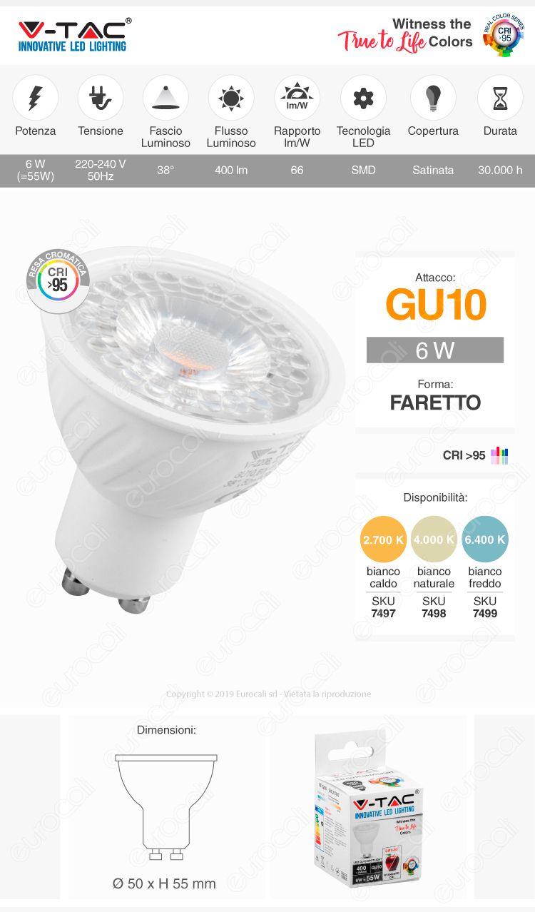 V-Tac VT-2206 Lampadina LED GU10 6W Faretto Spotlight CRI ≥95