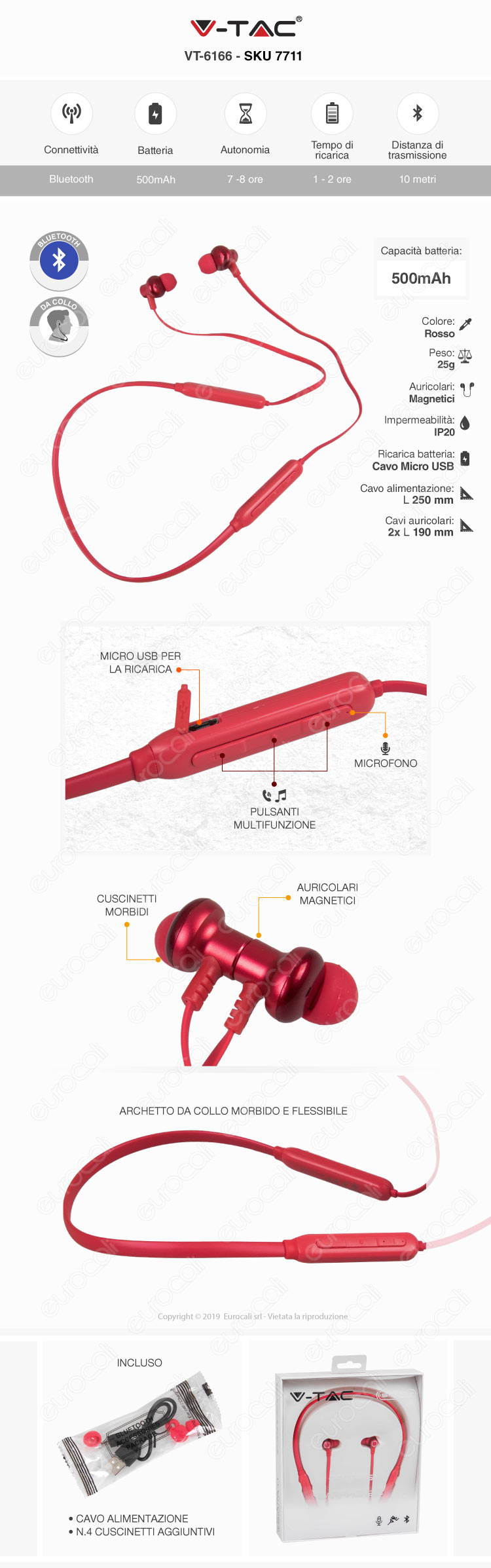 V-Tac VT-6166 Coppia di Auricolari Bluetooth Sports Earphones Colore Rosso