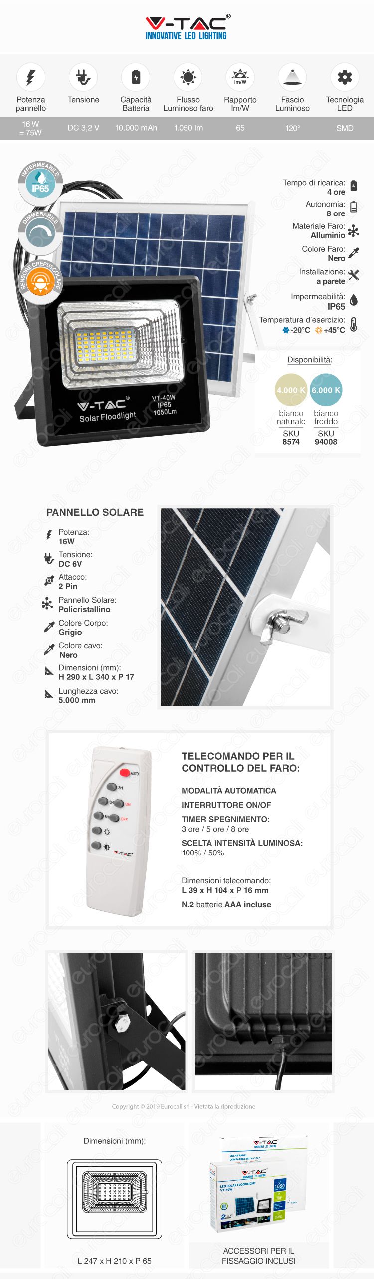 V-Tac VT-40W Faro LED 40W a Batteria con Pannello Solare e Telecomando