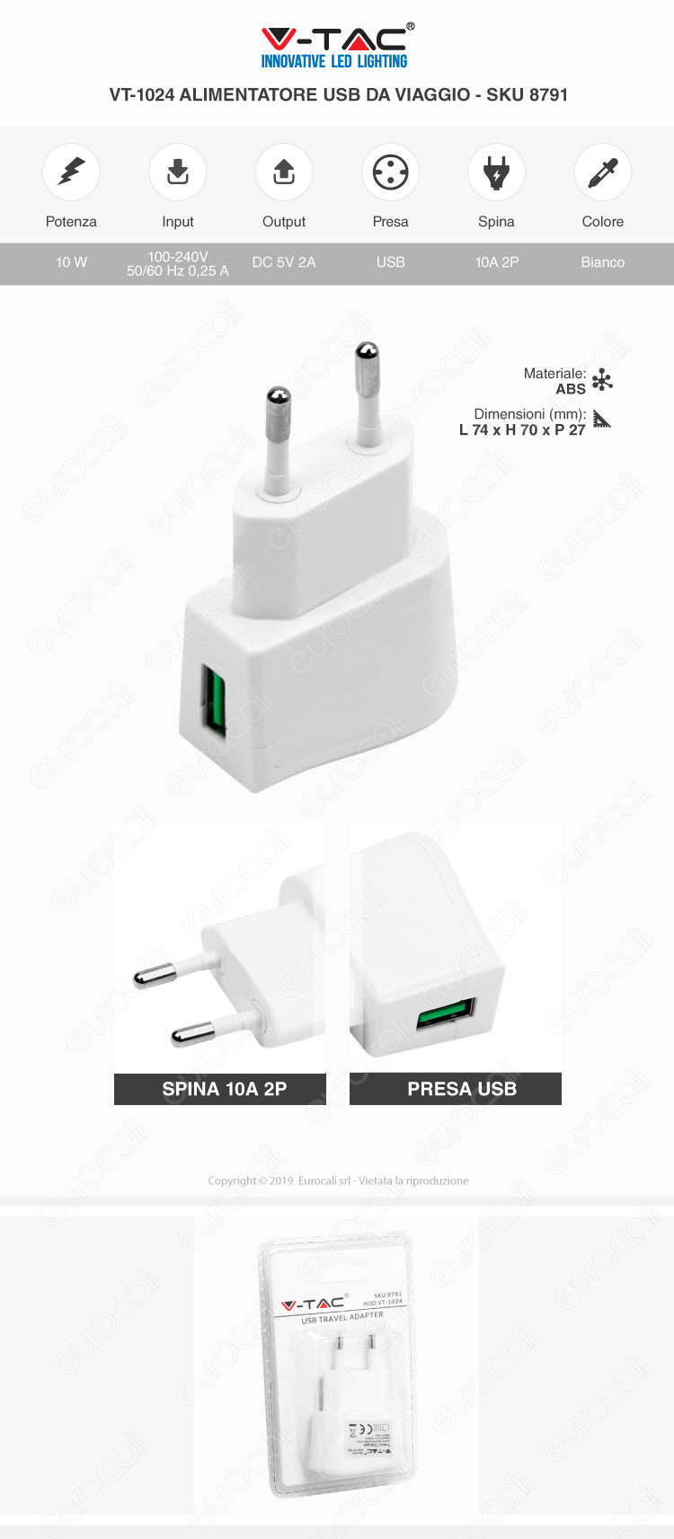 V-Tac Multipresa 3 Posti e 2 Prese USB Colore Bianco con Protezione Ripristinabile