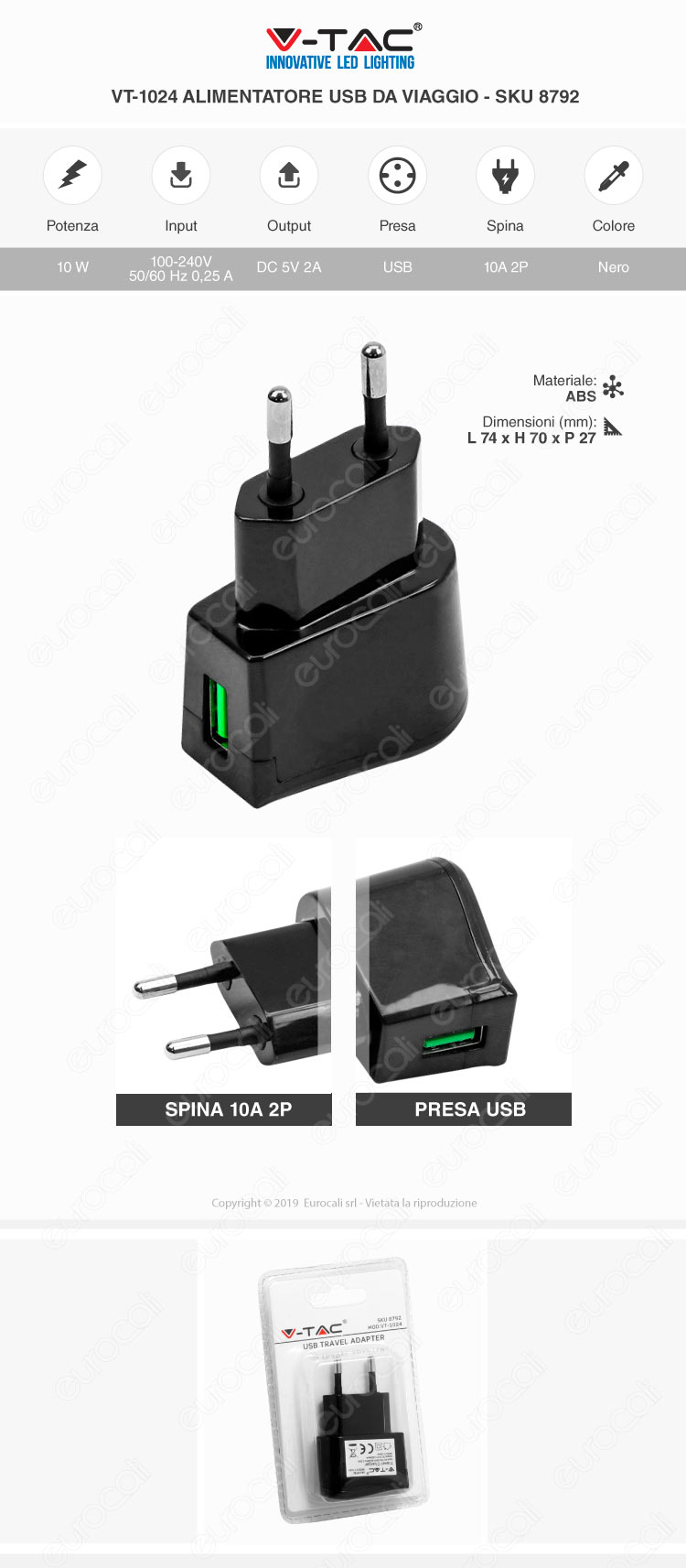 V-Tac VT-1024 Alimentatore USB da Viaggio Colore Nero