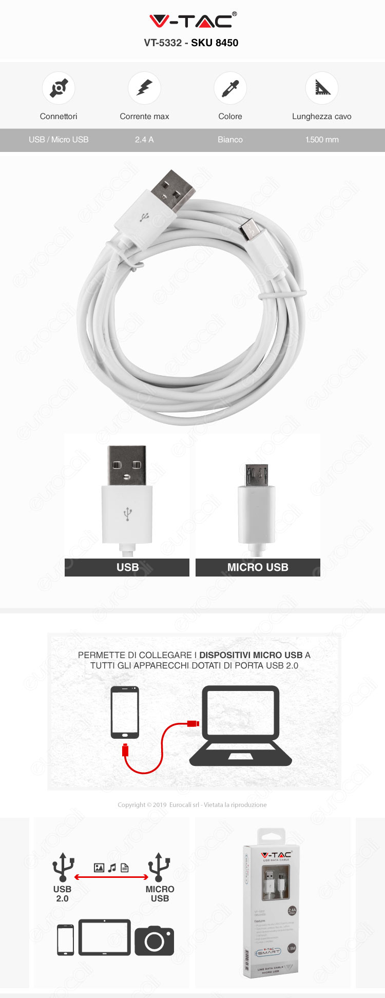 V-Tac VT-5332 USB Data Cable Micro USB Cavo Colore Bianco 1,5m