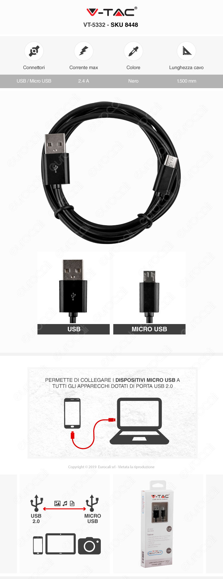 V-Tac VT-5332 USB Data Cable Micro USB Cavo Colore Nero 1,5m 