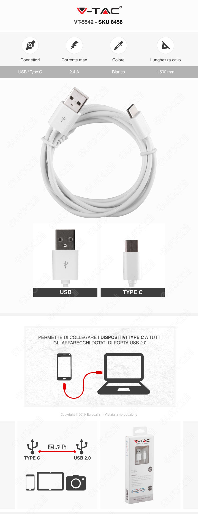 V-Tac VT-5542 USB Data Cable Type-C Cavo Colore Bianco 1,5m 