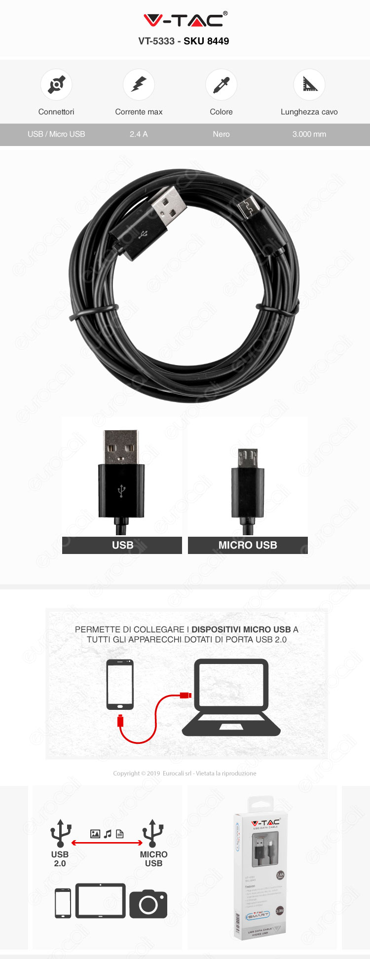 V-Tac VT-5333 USB Data Cable Micro USB Cavo Colore Nero 3mt 