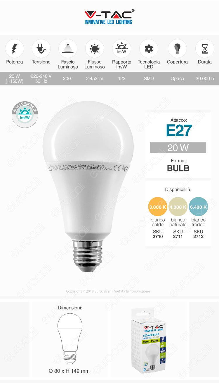 V-Tac PRO VT-298 Lampadina LED E27 18W Bulb A80 Chip Samsung 