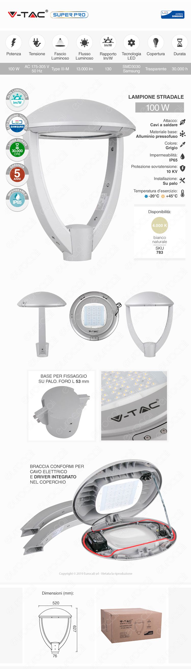 V-Tac SUPERPRO VT-105 Lampione LED da Giardino 100W Lampione SMD Chip Samsung Fascio Luminoso Type 3M - SKU 783